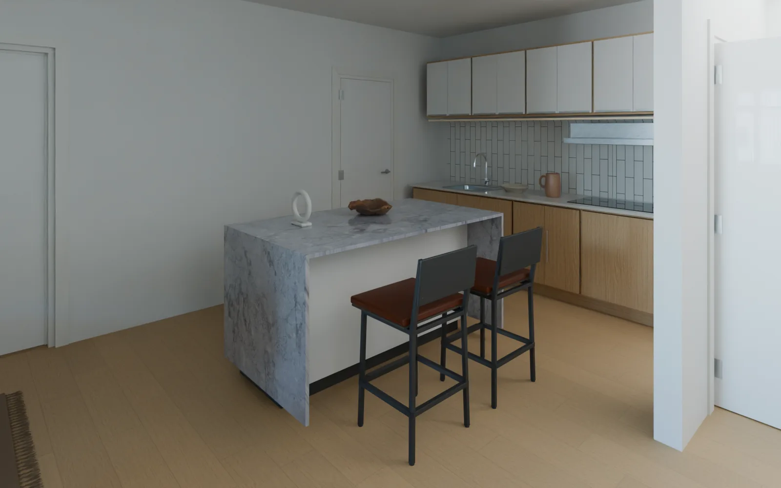 HDB Studio Cycles render of a kitchen island with stone waterfall ends and counter stools in an illustrative four-room HDB layout