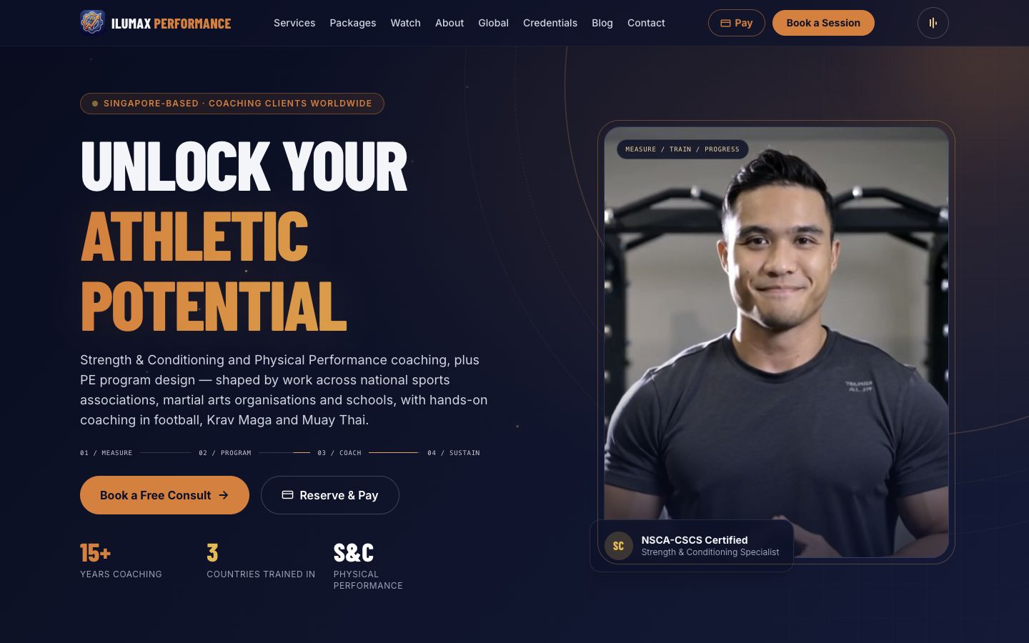 Current Ilumax Performance homepage with orange and navy design and Coach Dzul portrait