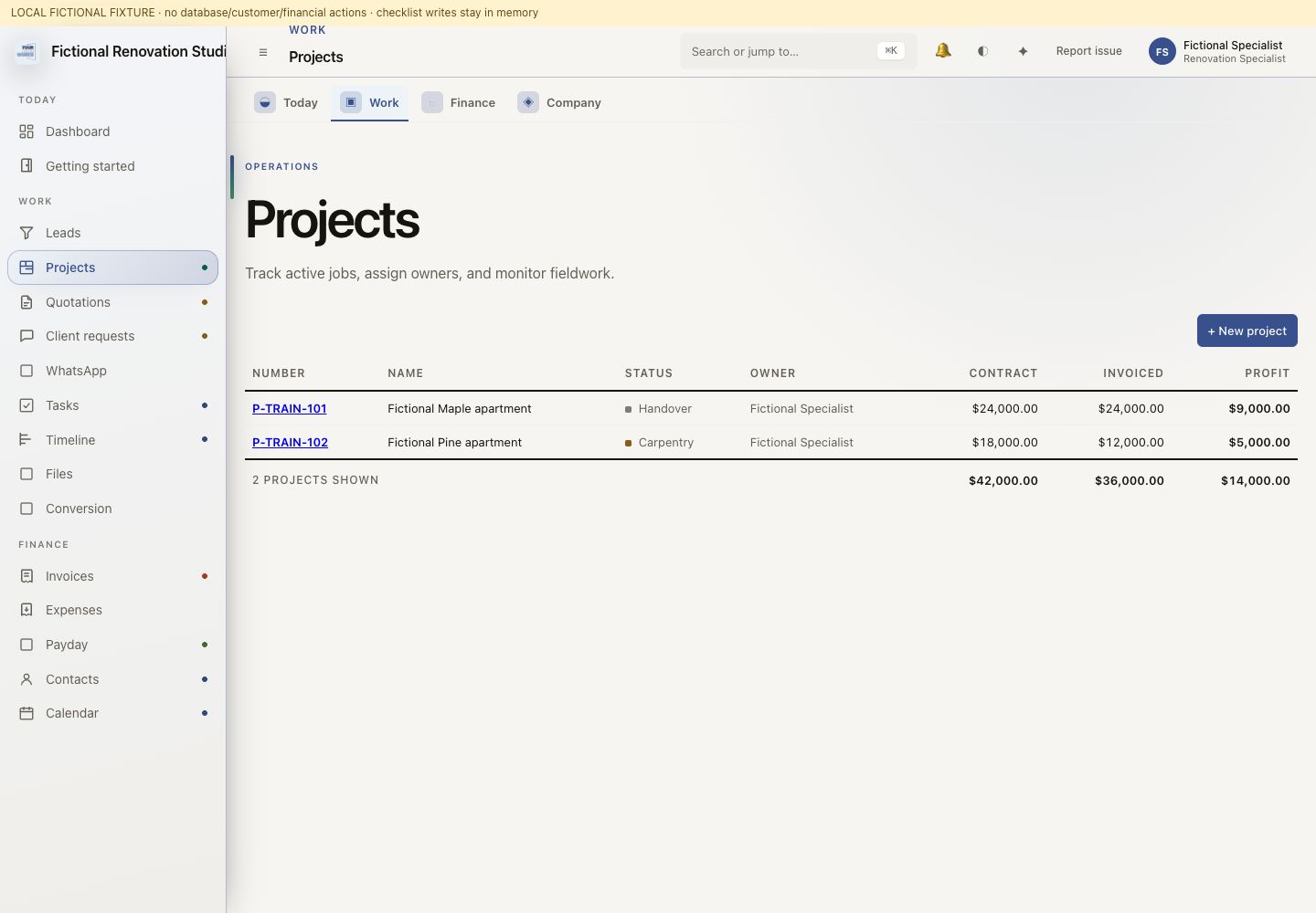 MRN Quoter projects training screen with fictional renovation jobs, contract values and profit totals
