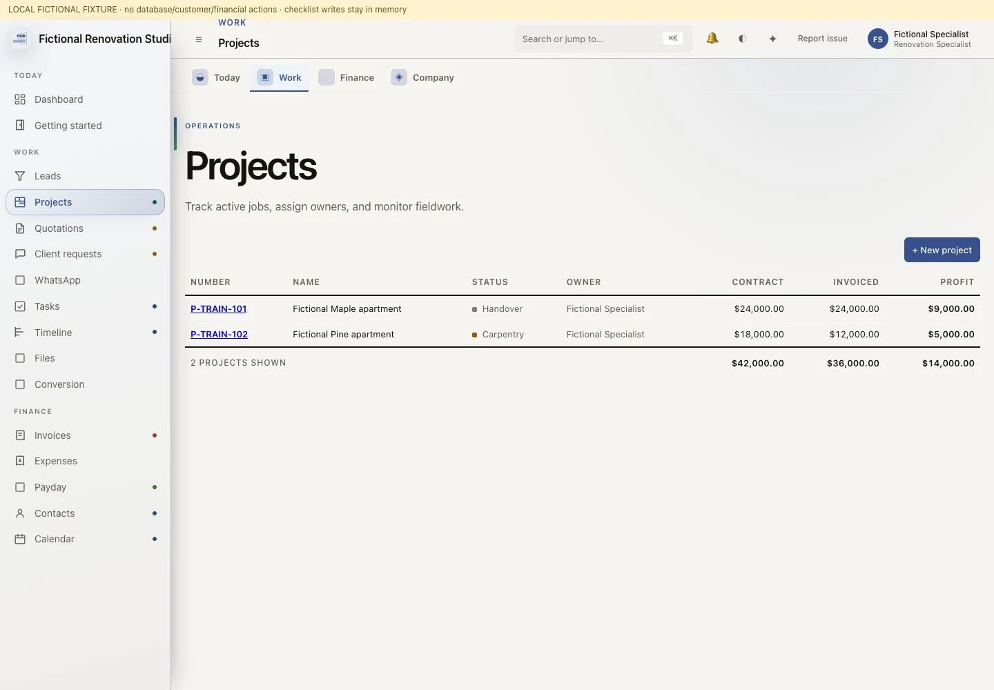 MRN Works training screen with fictional renovation projects