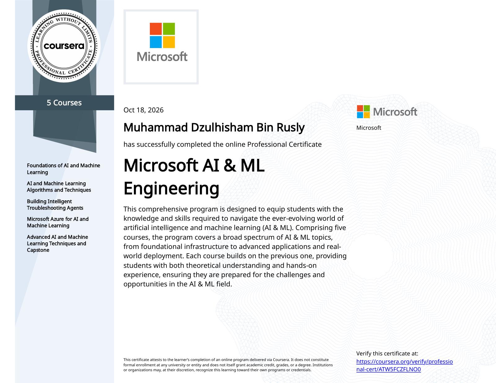 Microsoft AI and ML Engineering Professional Certificate awarded to Muhammad Dzulhisham Bin Rusly on 18 October 2026