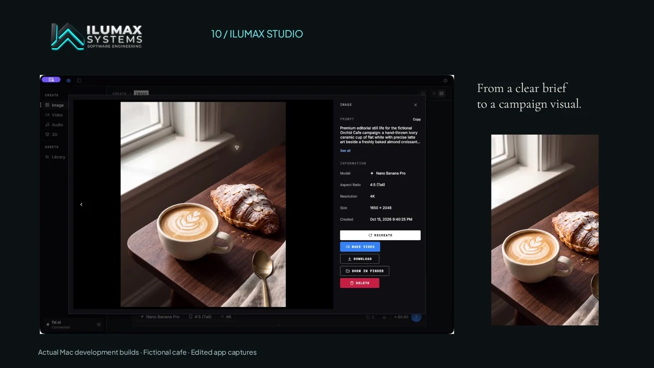 Actual Ilumax Suite app captures with a fictional café project
